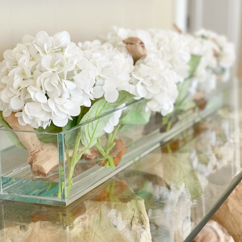 Casa Moderna Glass Plate Planter with Hydrangeas and Driftwood - 8"W x 8"H x 24"L - White