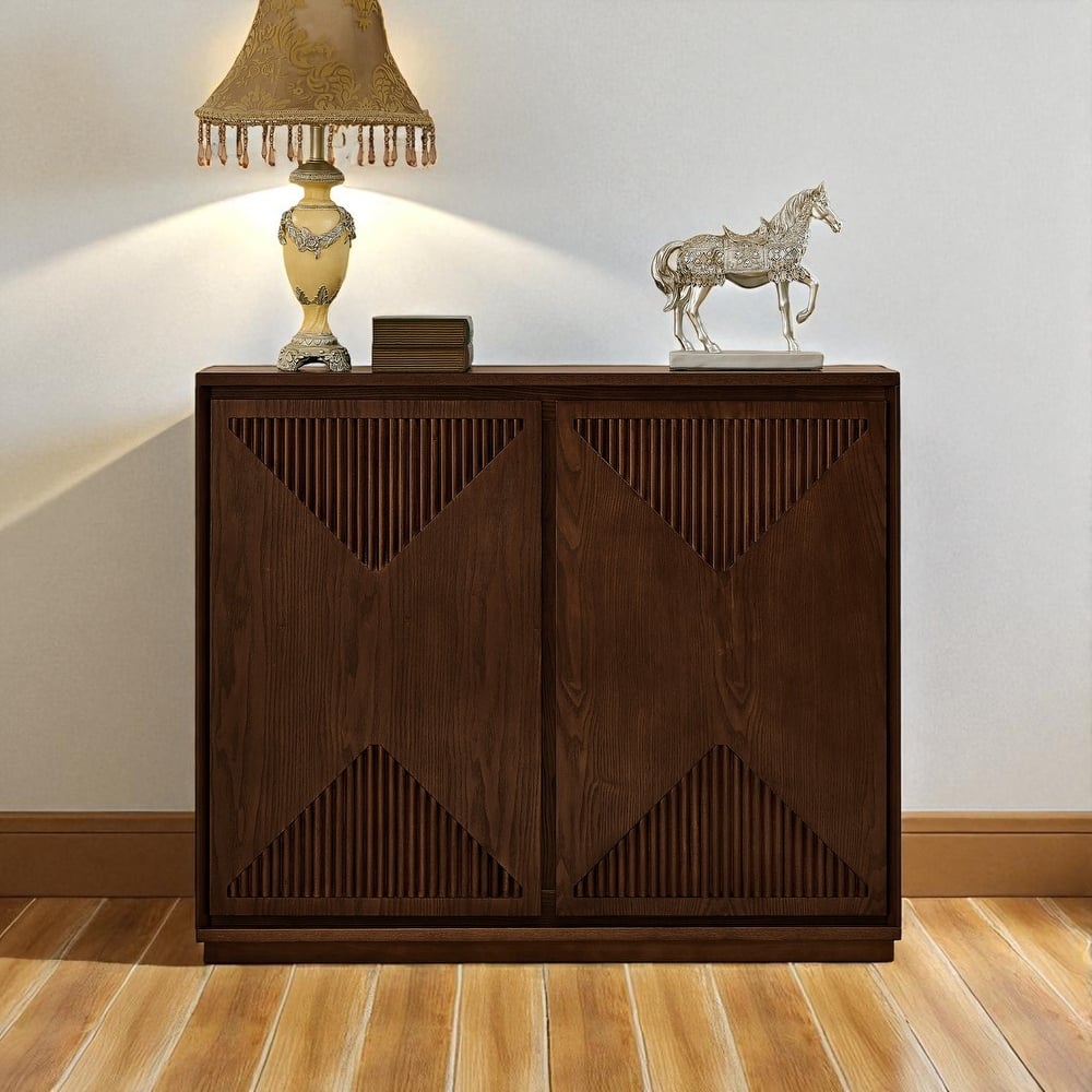 39" V-Shape Fluted Storage Cabinet, Mid Century Modern Buffet Sideboard with Outlet Holes for Entryway Kitchen