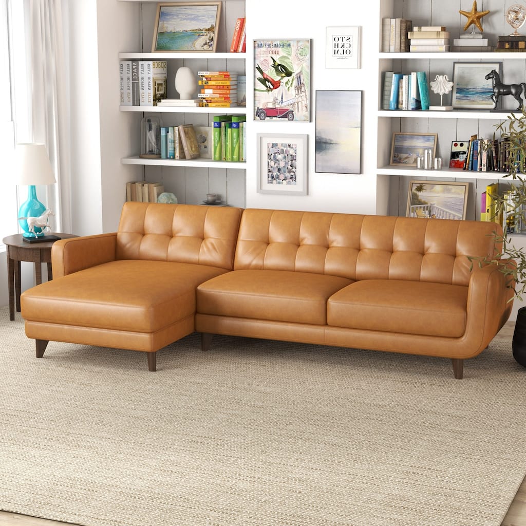 Left-Facing Tan Leather Sectional Sofa