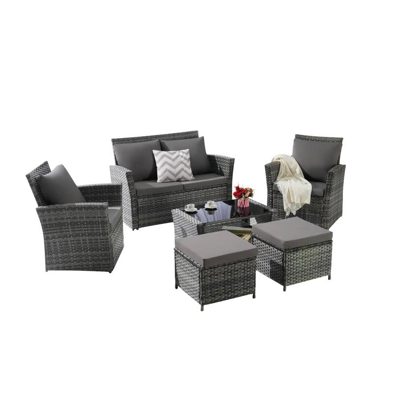 6-Piece Outdoor Patio Rattan Sectional Sofa Set with Glass Table