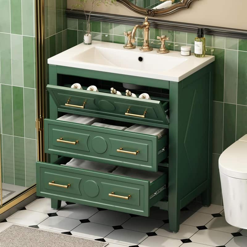 30'' Free Standing Bathroom Vanity Set with Ceramic Sink, 3 Drawers & Solid Wood Frame