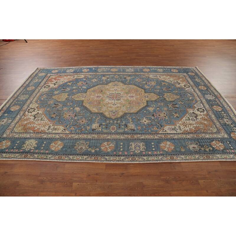 Geometric Blue Tabriz Persian Vintage Area Rug Handmade Wool Carpet - 6'6"x 9'8"