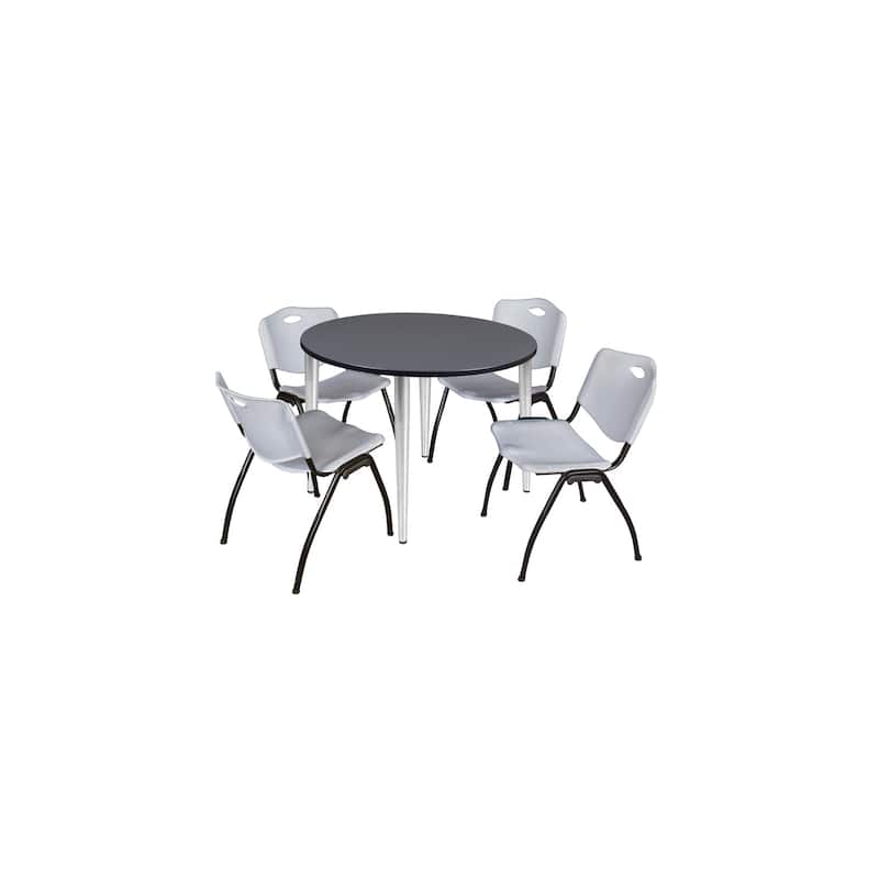 48 in. Round Breakroom Table- Grey Top, Chrome Base & 4 M Stack Chairs- Grey