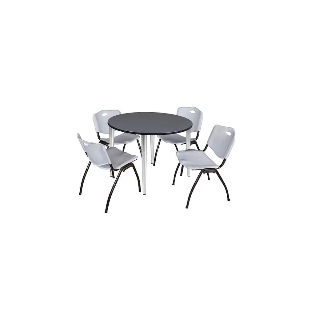 48 in. Round Breakroom Table- Grey Top, Chrome Base & 4 M Stack Chairs- Grey