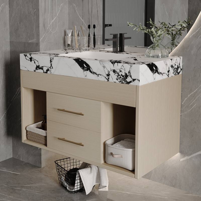 29.9" Floating Bathroom Vanity for Small Bathrooms - Sintered Stone Top & Ceramic Undermount Sink
