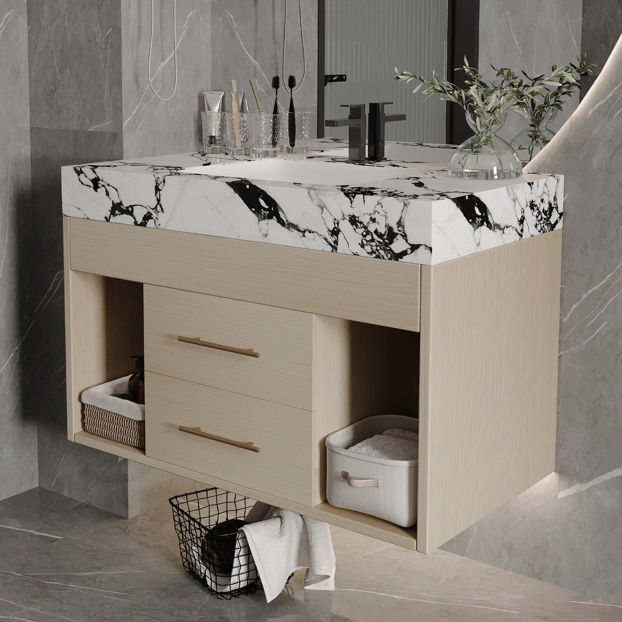 GDFStudio - Modern 29.9" Floating Bathroom Vanity with Sintered Stone Top, Ceramic Sink & U-Shape Drawers