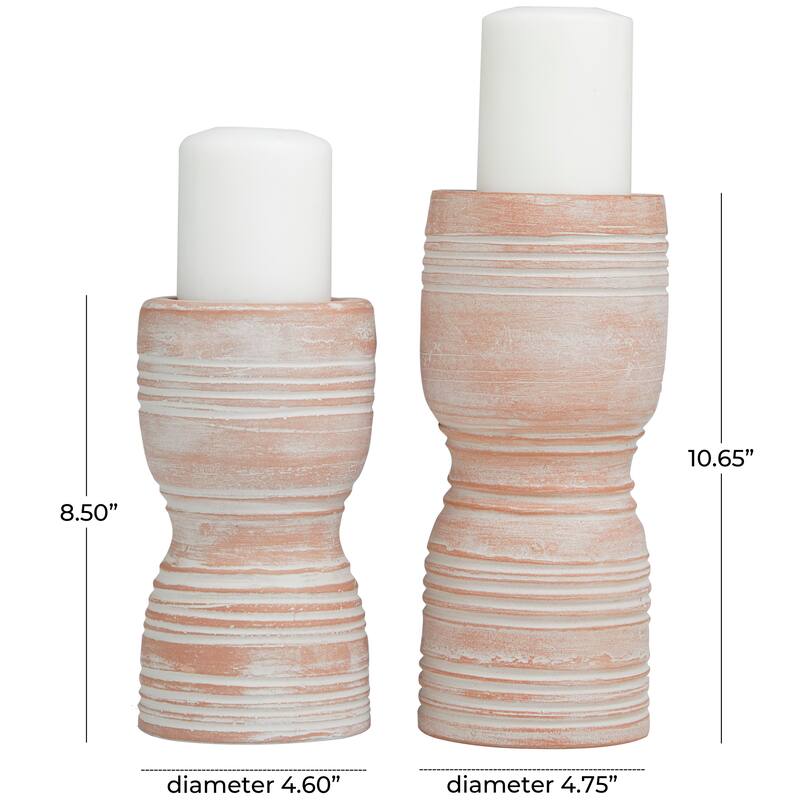 Ceramic Whitewashed Ribbed Terracotta Candle Holder - Set of 2 Pink - Roche River Decor - 5"W x 5"L x 11"H