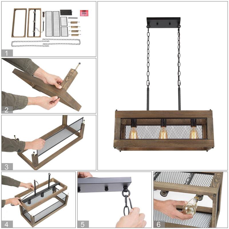 Farmhouse 5-Light Rectangle Wood Chandelier Rustic Island Lights for Dining Kitchen Island