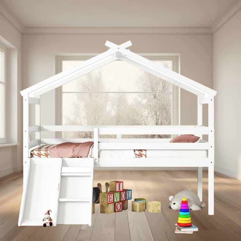 Twin Size Low Loft House Shaped Platform Bed with Slide, Ladder, and Safety Guardrails, Fun and Functional for Kids Bedrooms - White - Twin