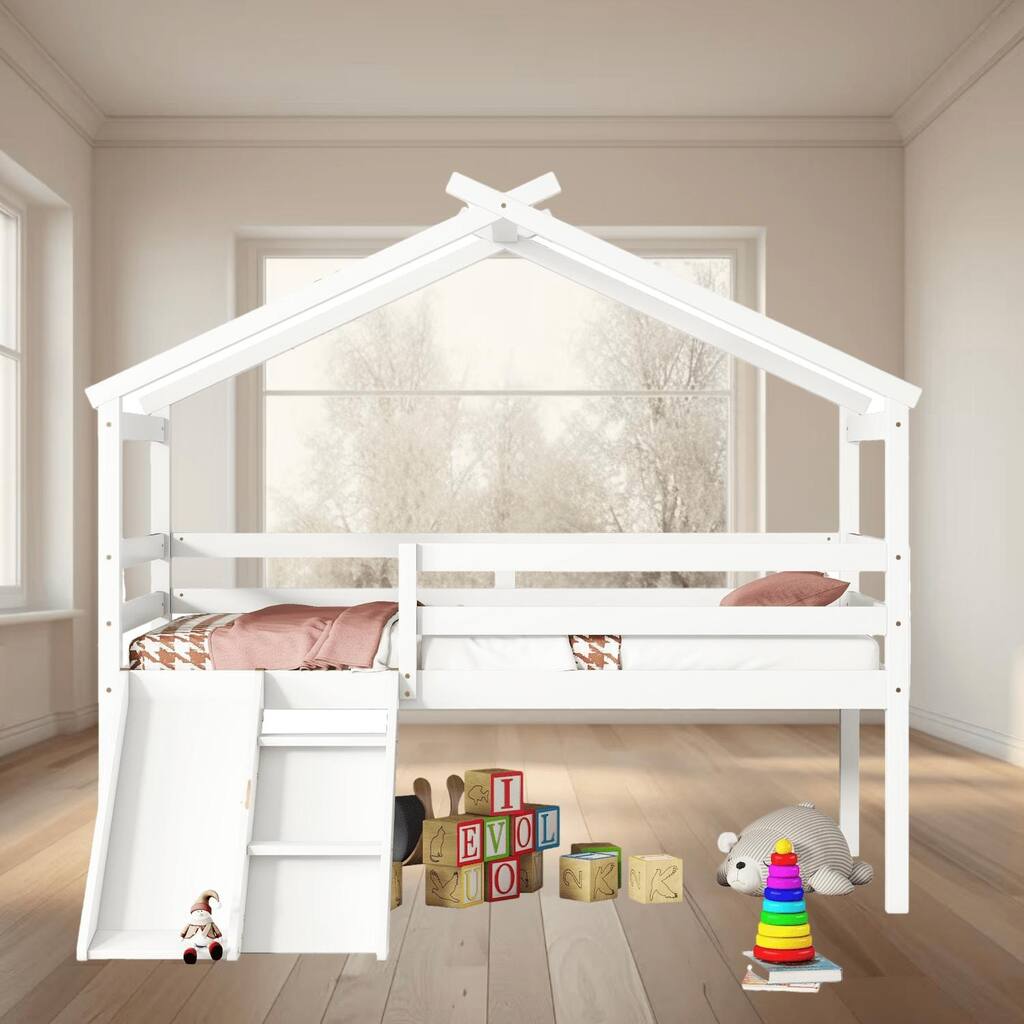 Twin Size Low Loft House Shaped Platform Bed with Slide, Ladder, and Safety Guardrails, Fun and Functional for Kids Bedrooms