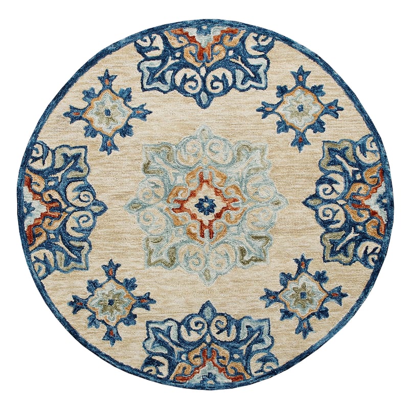 Sevita Beige/Blue Medallion Round Area Rug - 4'10" Round