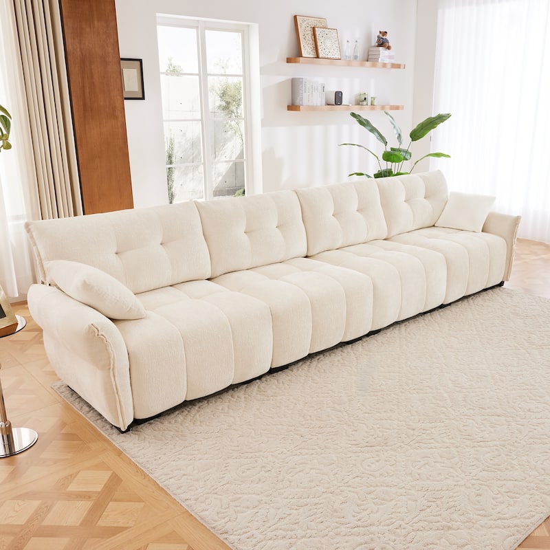 Modern 4-Seater Tufted Sofa Couch with Pillows - White