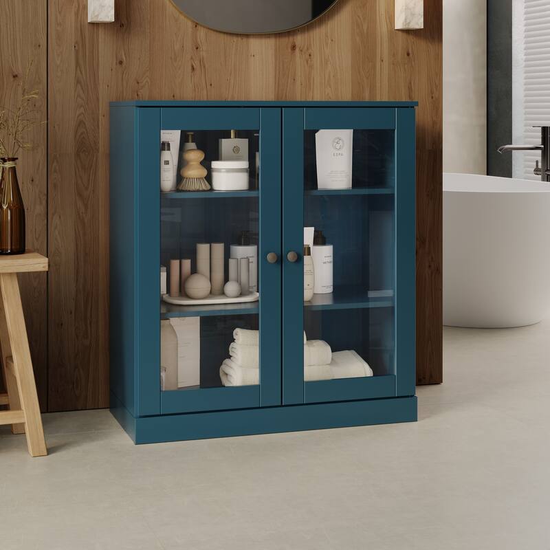 Palace Imports 100% Solid Wood 32" Bathroom Cabinet with Clear Glass Doors and Adjustable Shelves - Teal Blue