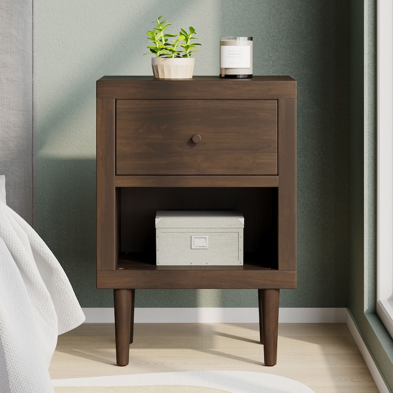 Iconic Nightstand with Wood-Like Frame, One Drawer, and Shelf - Walnut