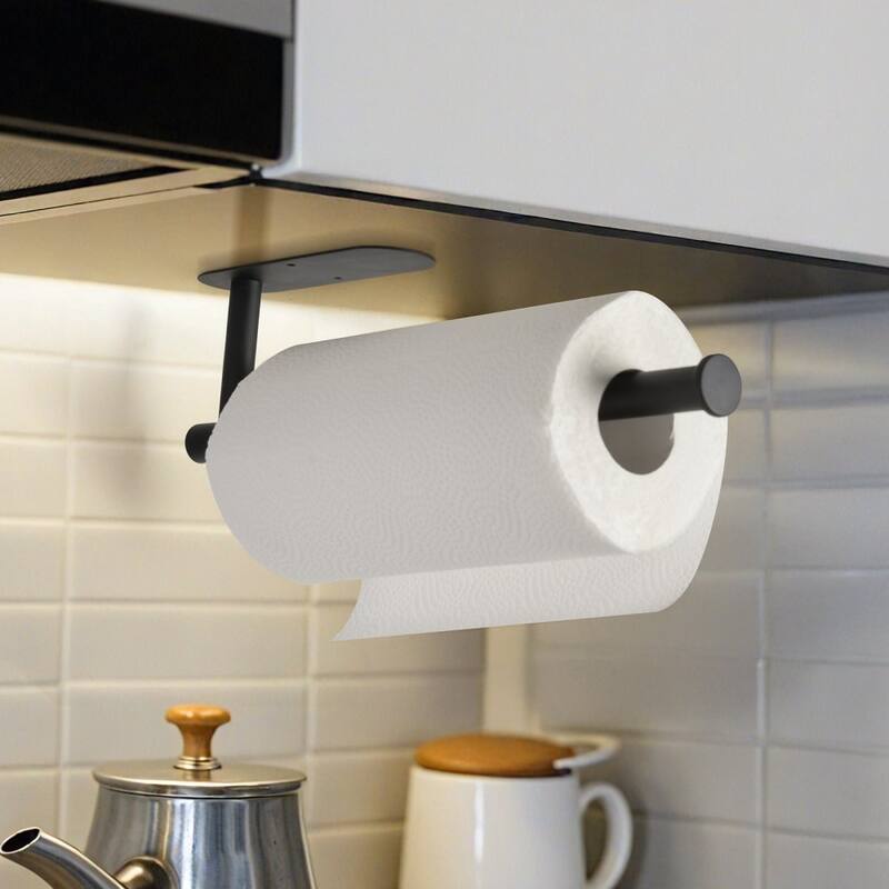 Black Stainless Steel Wall Mounted Paper Towel Holder Under Cabinet and Self-Adhesive or Drilling Installation