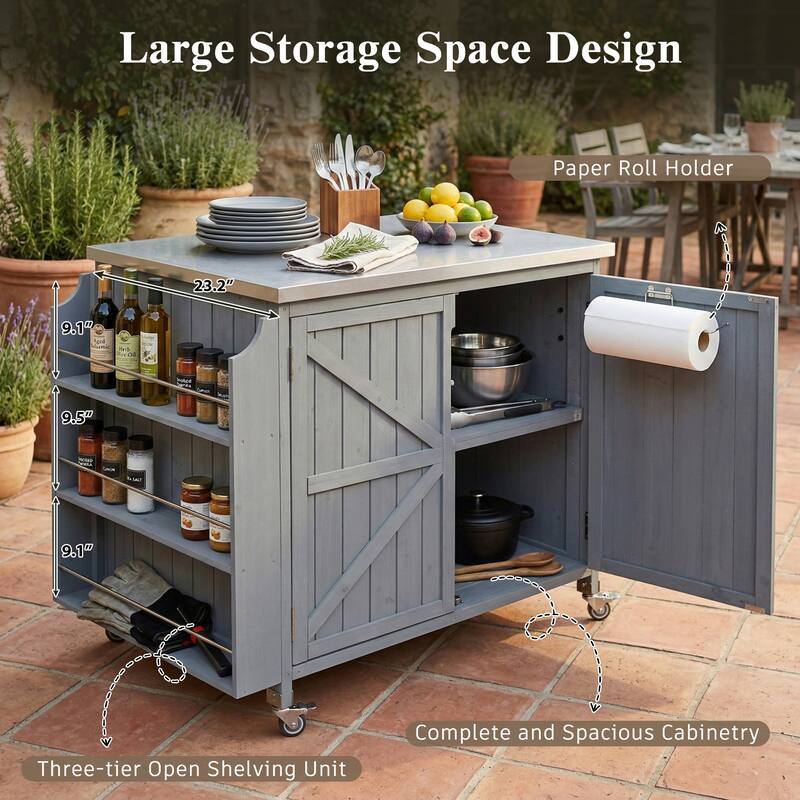 42.1" Outdoor Kitchen Island with Side Shelf, Stainless Steel Top, Adjustable Shelf & 4 Wheels
