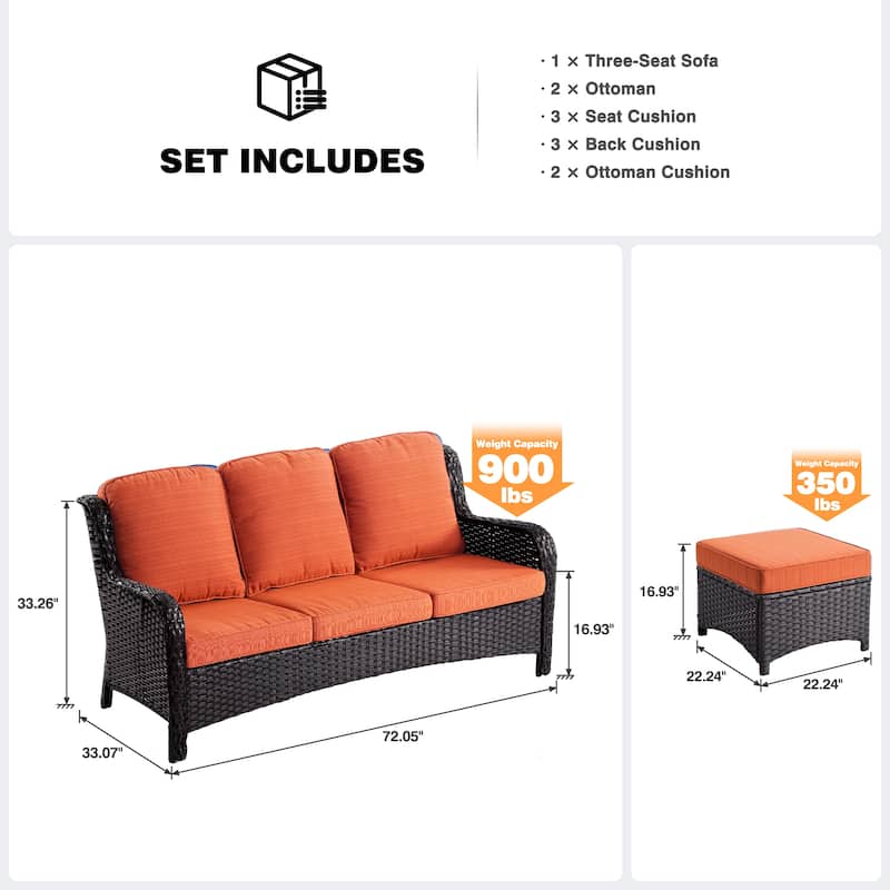 OVIOS 3-piece Patio Wicker Sofa with Ottomans
