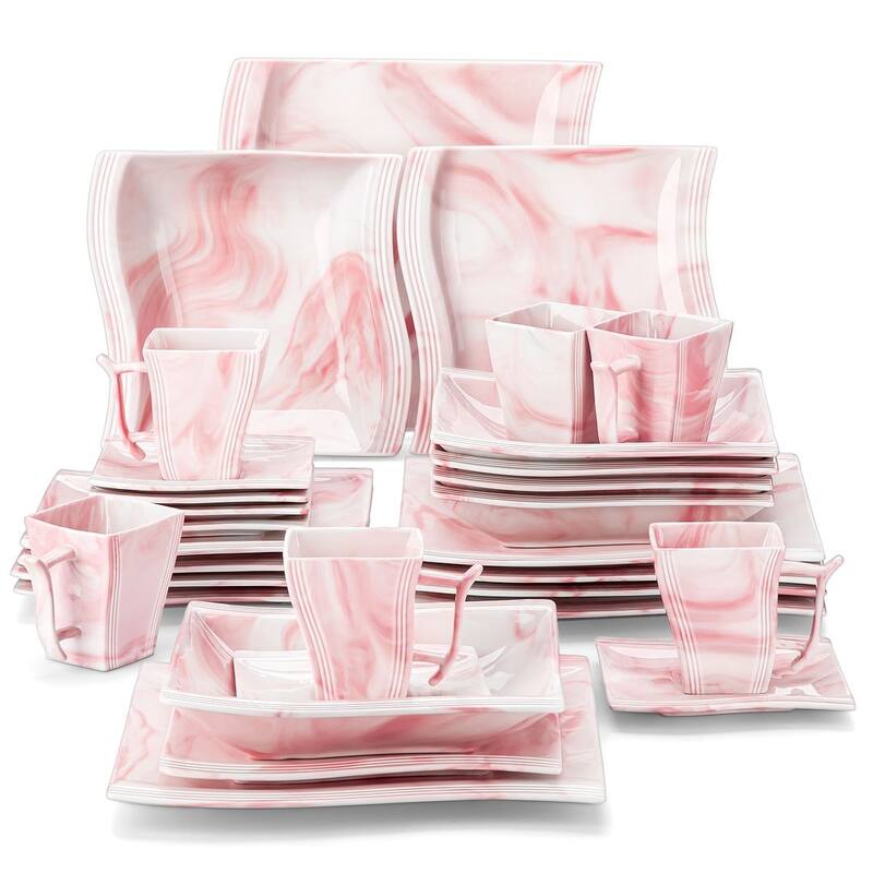 MALACASA Series Flora 30-Piece Porcelain Marble Dinnerware Set - Marble Pink