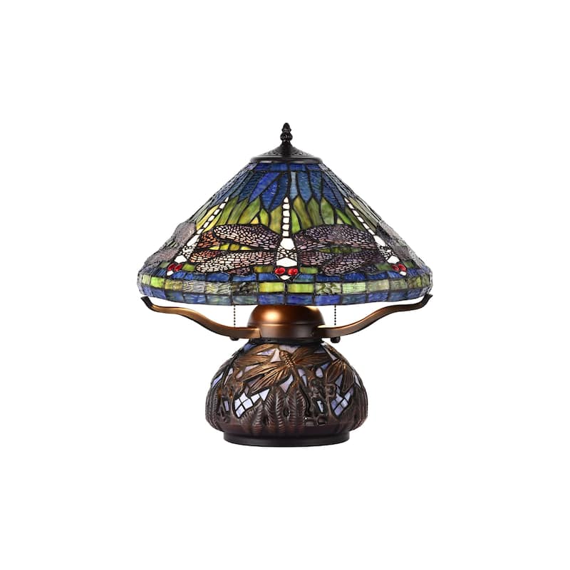 Shulba Dragonfly Base and Shade 2-Light Table Lamp Blue Tiffany Style Glass