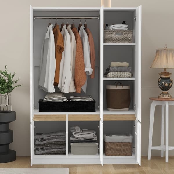 dress cupboard design Modern Simple 6-Doors Wooden Wardrobe Armoires with Multi-Functional Storage and Hanging Rod - Bed Bath & Beyond 24seven Comfort Apparel Women's Product Color:SANTORINI BLUE Swatch:#261d1e Wood