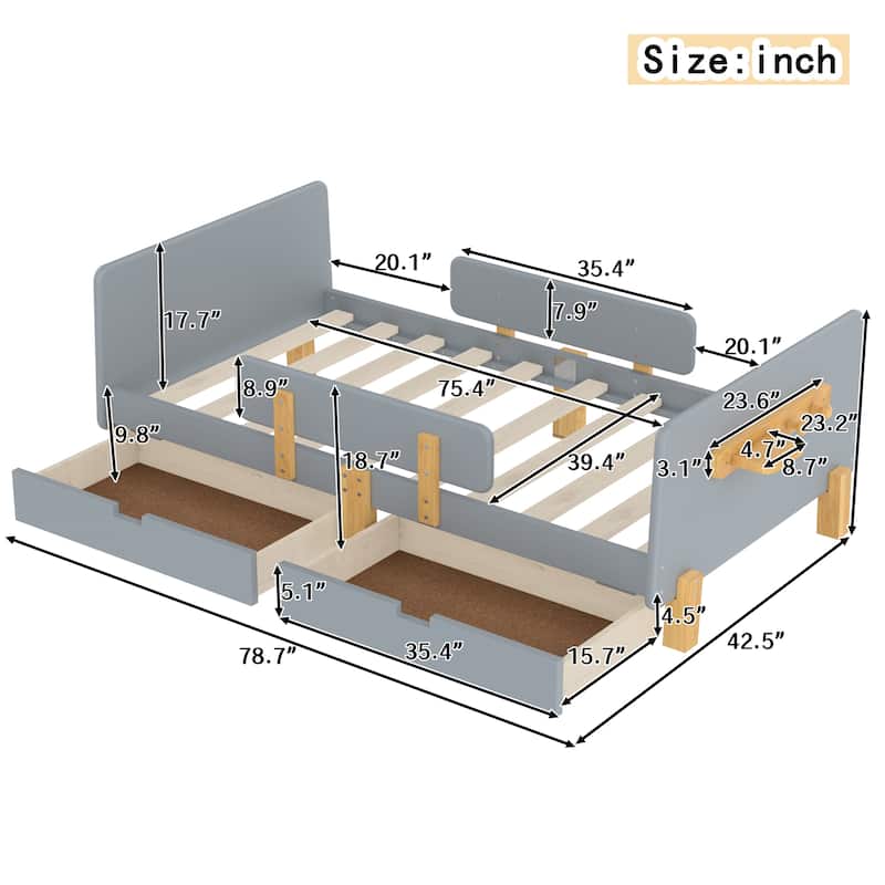 Gray Twin Solid Wood Platform Bed with Storage Drawers, Guardrail & Hooks!