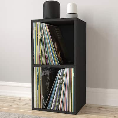 Way Basics 2-Shelf Cube Book Case, Turntable Stand Vinyl LP Record Album Storage, Black