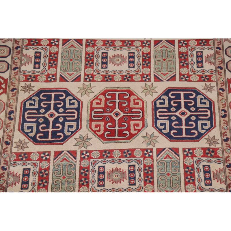 Hand Knotted Oriental 100% Wool Carpet Traditional Geometric Beige & Ivories Kazak Area Rug - 9' 7'' X 6' 7''