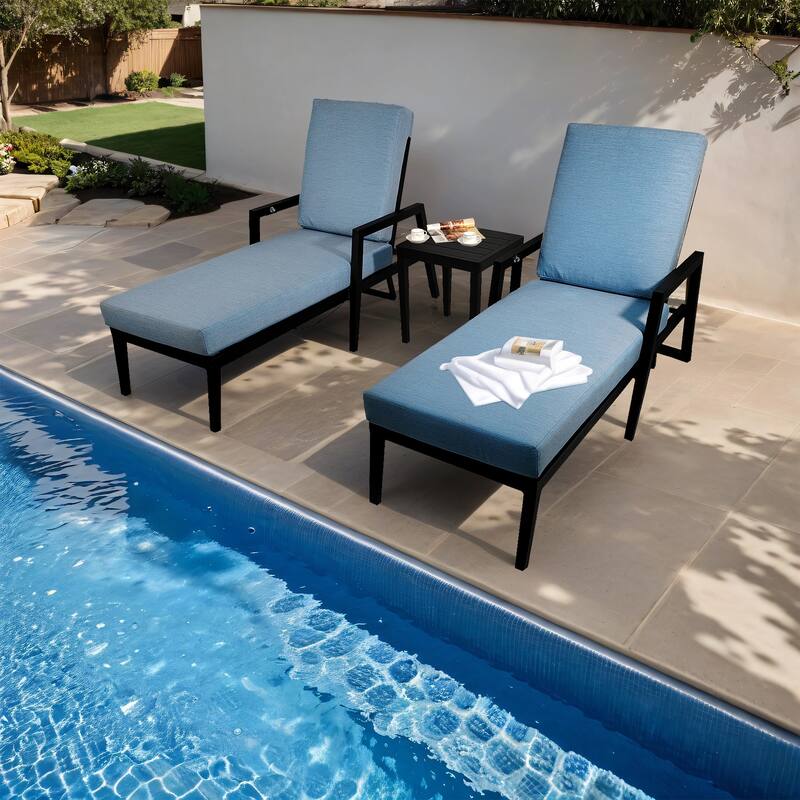 GDFStudio -Todd 3PC Outdoor Aluminum Chaise Lounge Set with Sunbrella Cushions - Ember Black