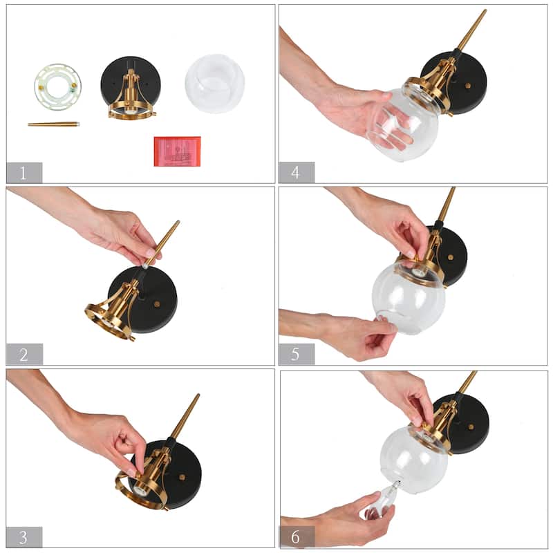 Beta Modern 1-Light Globe Glass Wall Sconce Gold Black Bathroom Vanity Light - 4.9'' L x 7.1'' W x 12.6'' H