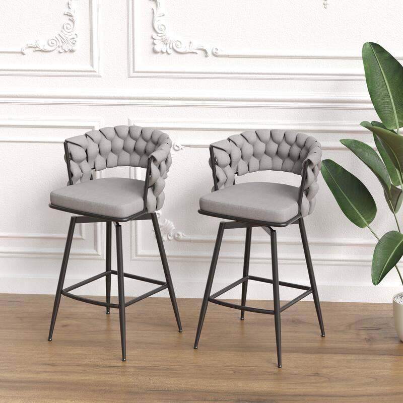 Bar Stool Set of 2, No Adjustable Kitchen Island Chairs,360 Swivel Upholstered Counter Stool Arm Chairs with Back Footrest
