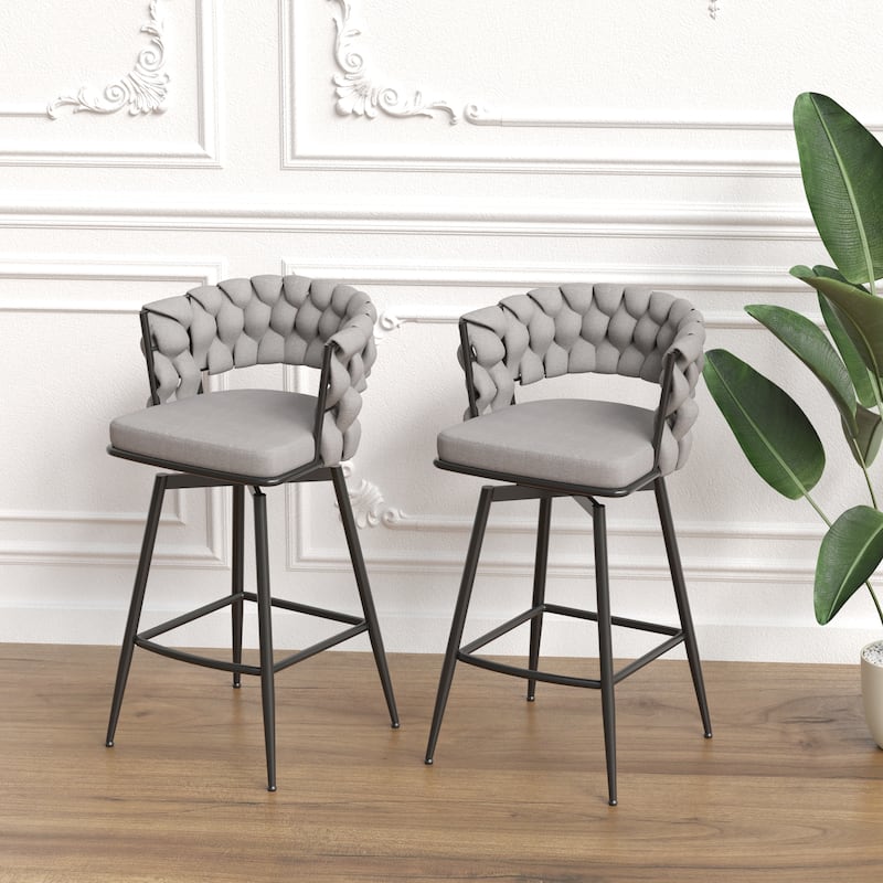 Linen Woven Bar Stool Set of 2, Counter Height Bar Stools with Back, Upholstered Kitchen Island Chairs with Footrest - Grey