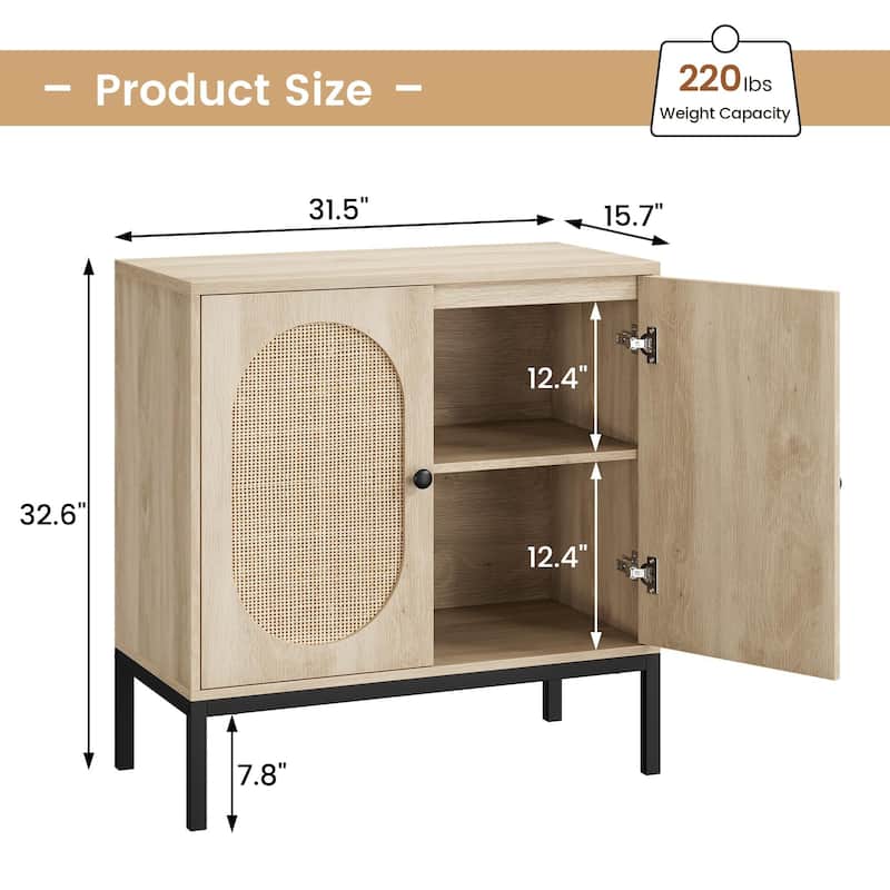 Rattan Buffet Cabinet with Natural Rattan Doors, Sideboard Storage Cabinet with Adjustable Shelf