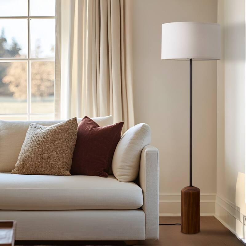 Brightech Oren LED Walnut Brown Wood Midcentury Super Bright Floor Lamp with Cream Cotton Drum Shade