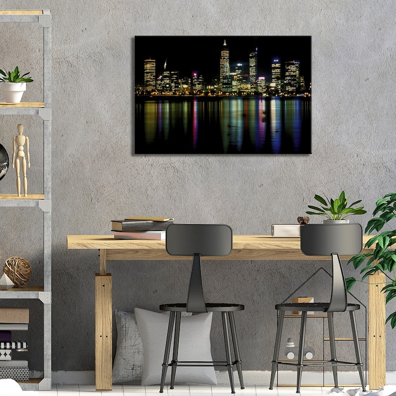 Downtown City Lights Print On Wood by Unknown Artist - Multi-Color
