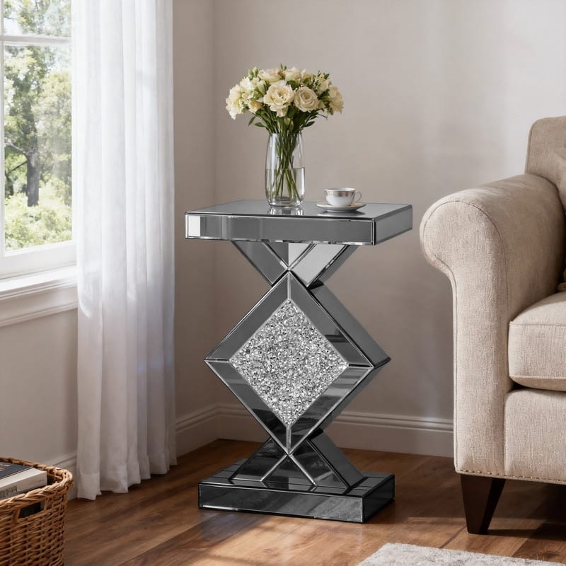 Modern Mirrored Glass Top End Table with Crushed Diamond - Grey
