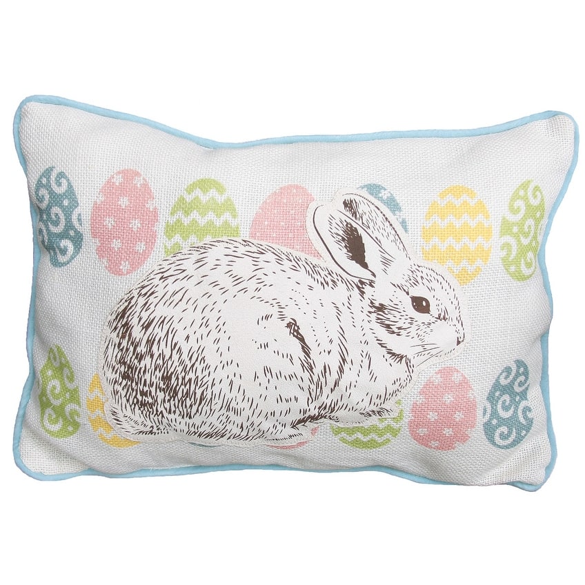 13" X 18" Blue and White Rabbit Easter Easter Bunny Jute Pillow With Applique