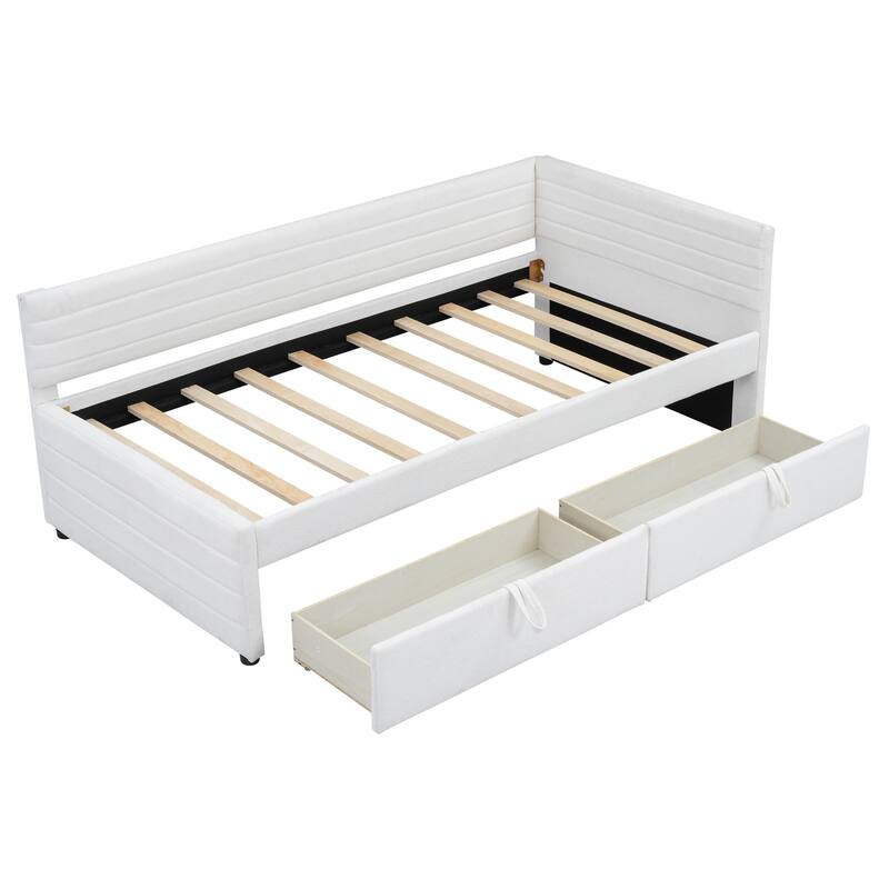 Twin Size Upholstered Daybed with Roll-Out Trundle, Space-Saving Wooden Frame, No Box Spring Needed