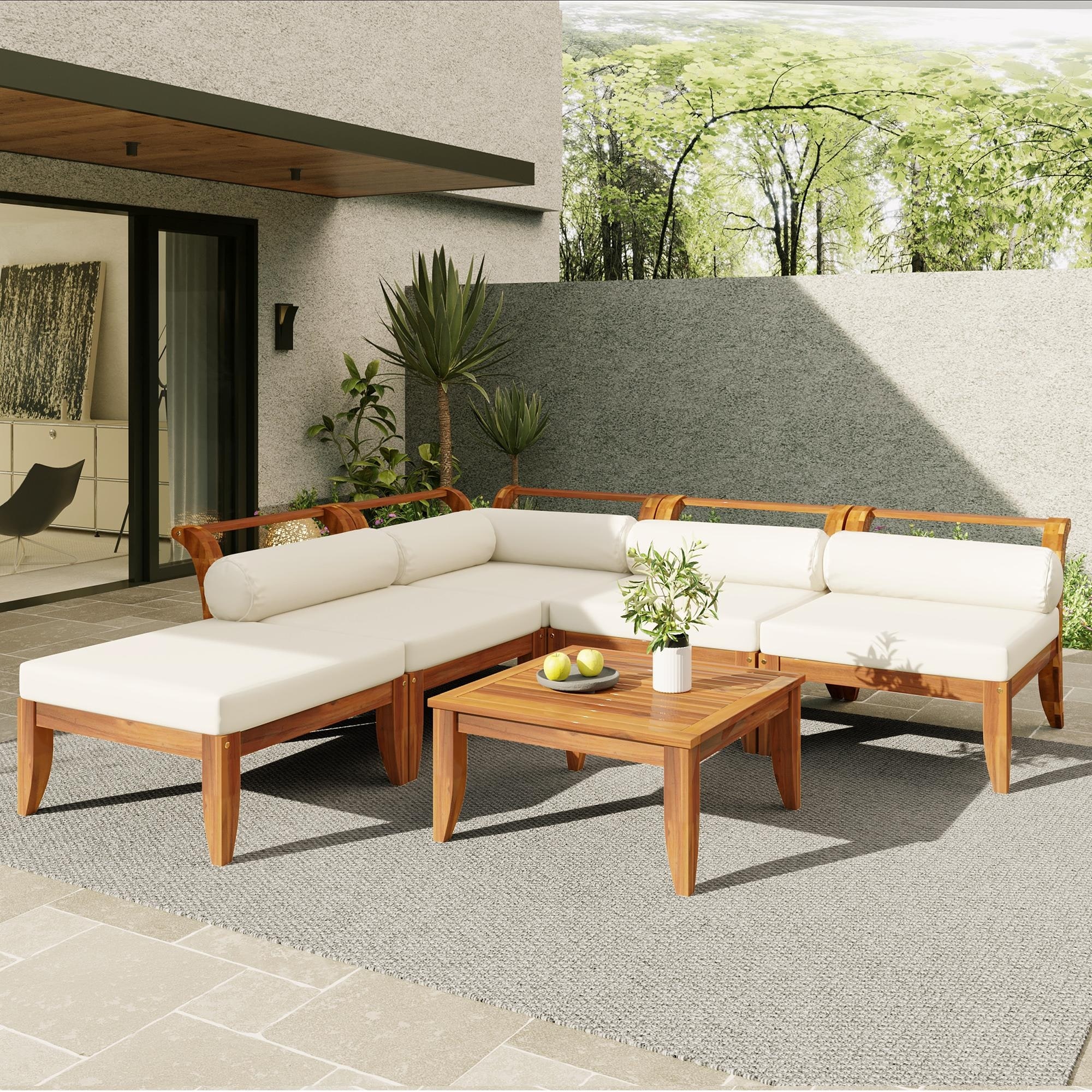 Roomfitters 6-Piece Acacia Wood Outdoor Sofa Set, L-Shaped Sectional with Table, Ottoman, Cushions & Pillows, Teak+Beige