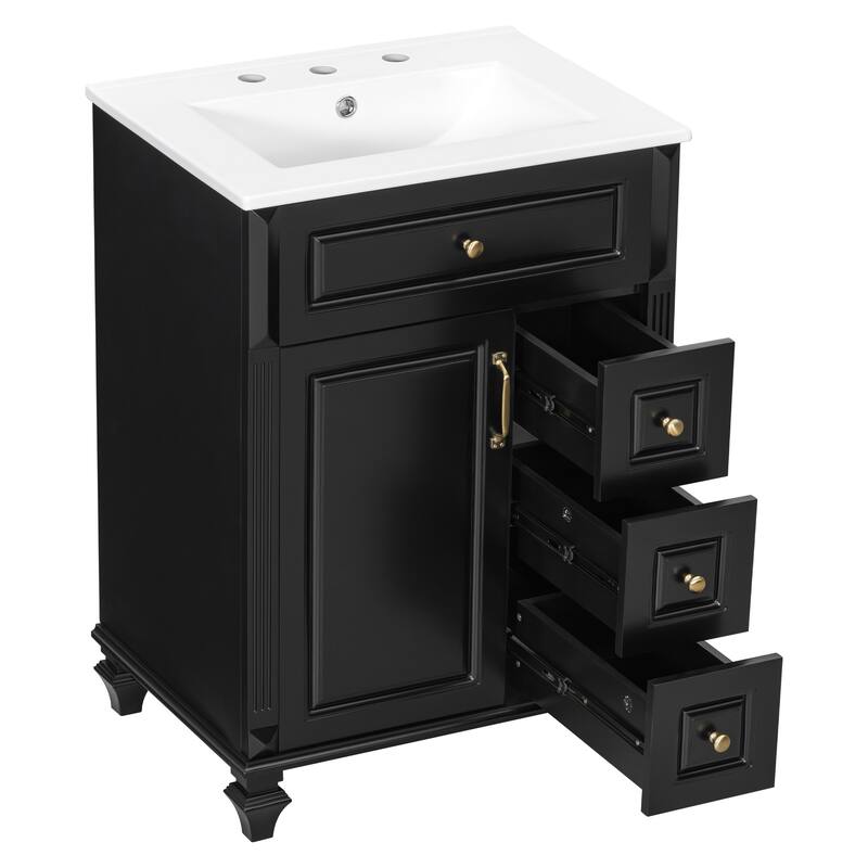 24"Bathroom Vanity with Sink, Freestanding Vanity Cabinet with Flip-Out Drawer, 3 Drawers & Storage Cabinet, Ceramic Sink Top