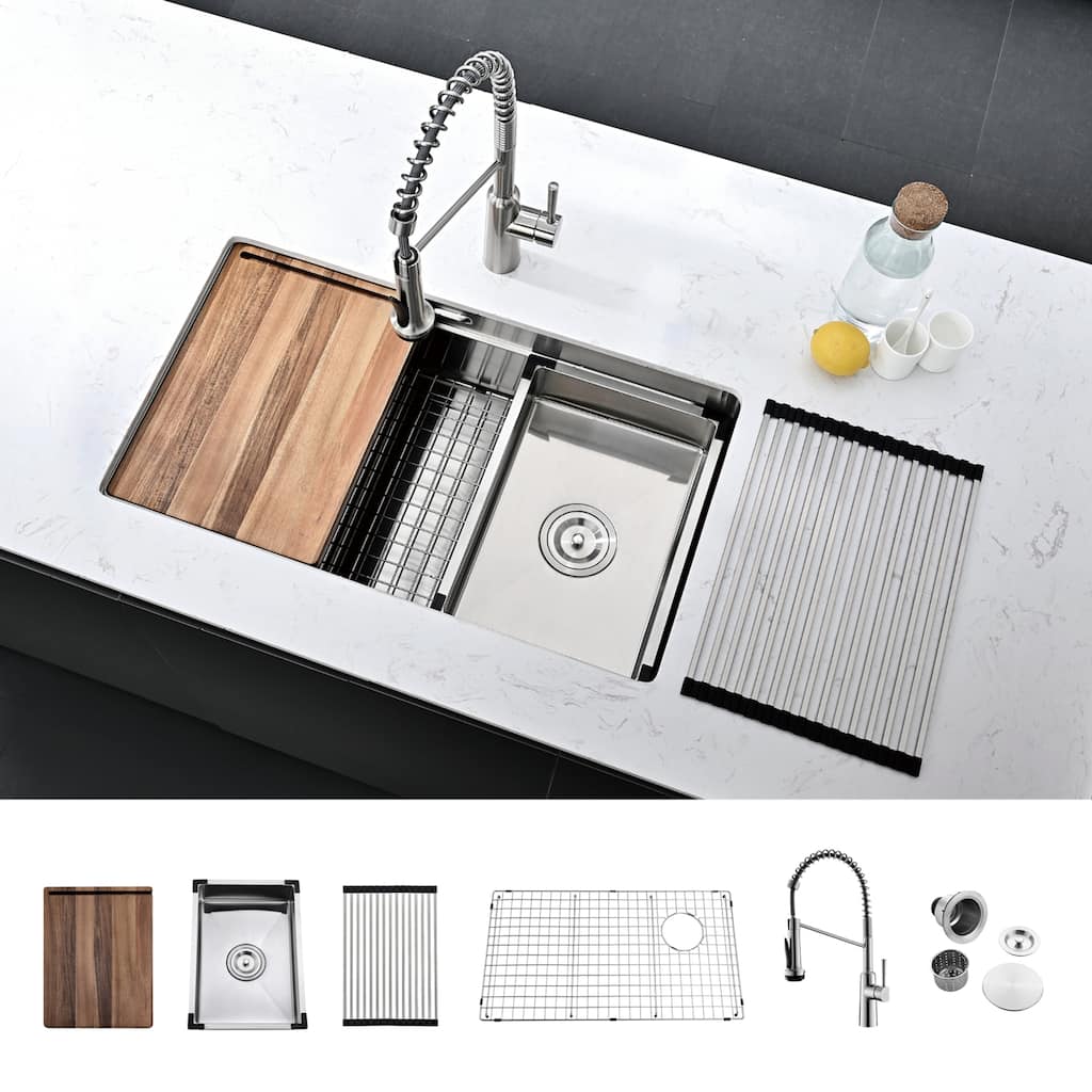 30 Inch Stainless Steel Single Bowl Undermount Workstation Double Ledges Kitchen Sink With Faucet and Sliding Accessories