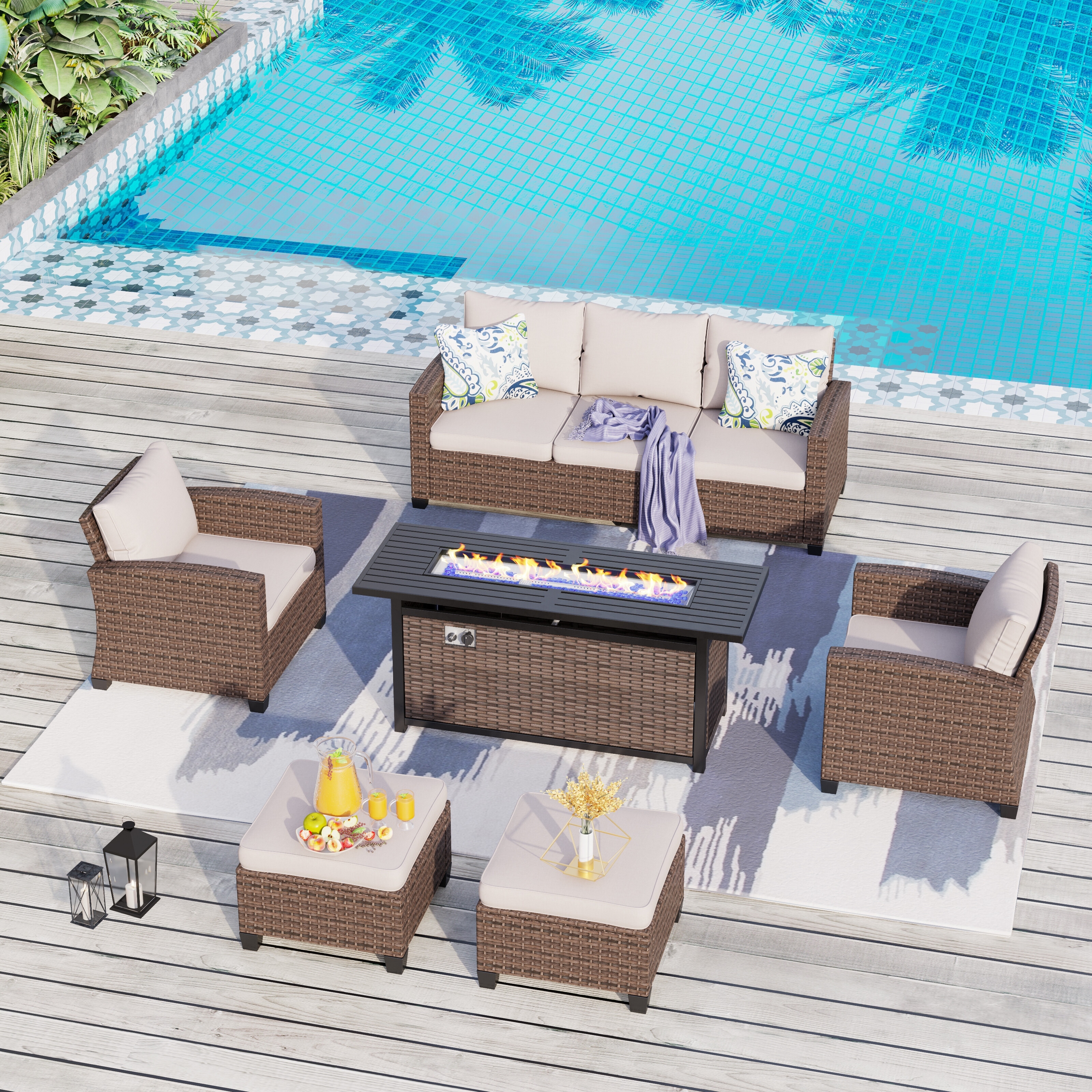 MakeYourDay 7/9-Seat Patio Furniture Wicker Rattan Outdoor High-back Sectional Sofa Conversation Set with Firepit Table