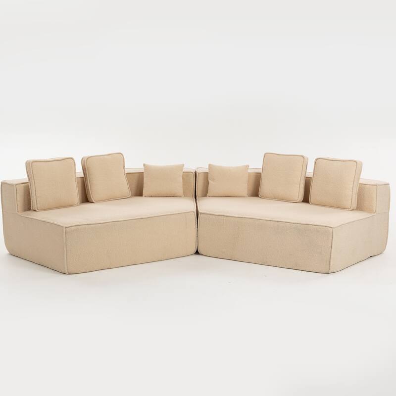 132"Oversized Teddy Fabric Modular Sectional Sofa,Full-Foam Cushion Design with Ultra Soft Feel with Six Cushions