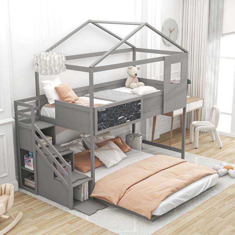 Twin Over Full House Bunk Bed with Storage Staircase & Blackboard,Grey