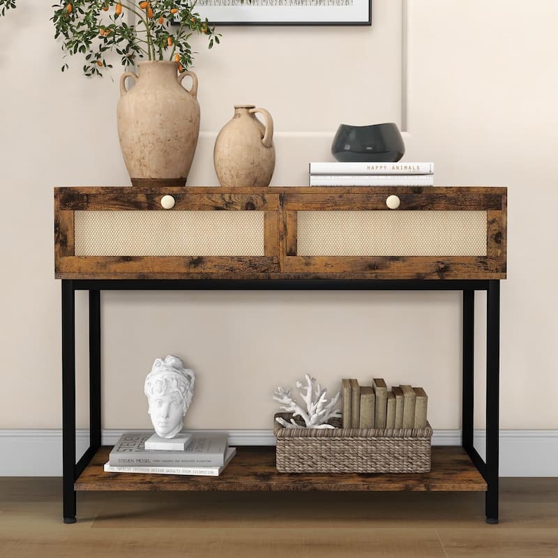 1 Modern Farmhouse Rattan Entryway Storage Shelf-Two Drawers