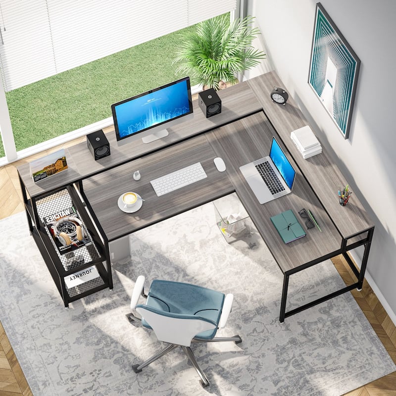 69" L Shaped Desk with Monitor Shelf, Reversible Corner Computer Desk for Office Home - Grey