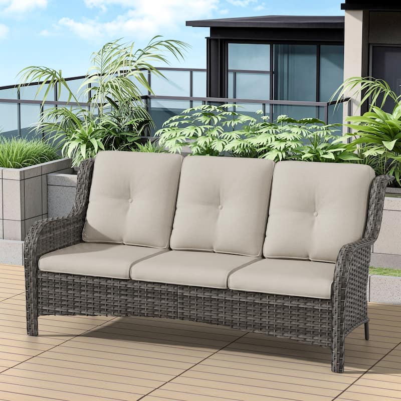 Cozywor 3-Seat Wicker Outdoor Patio Sofa Sectional Couch with Cushions