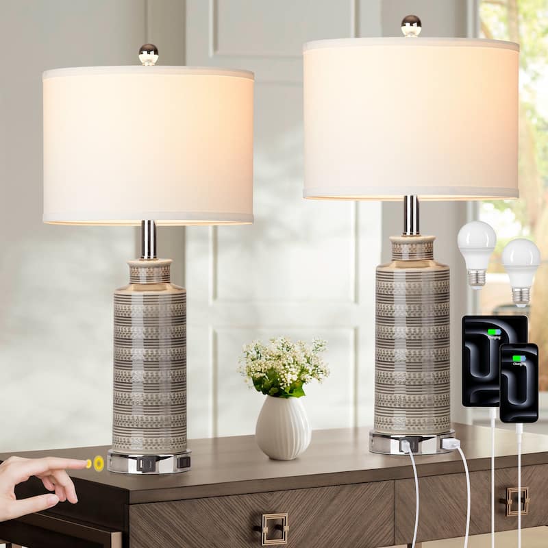 25'' Gray Ceramic Table Lamp with USB & Type-C Ports, 3-Stage Touch Switch (Set of 2) - 12.5'' x 12.5'' x 25'' - 12.5'' x 12.5'' x 25'' - Grey