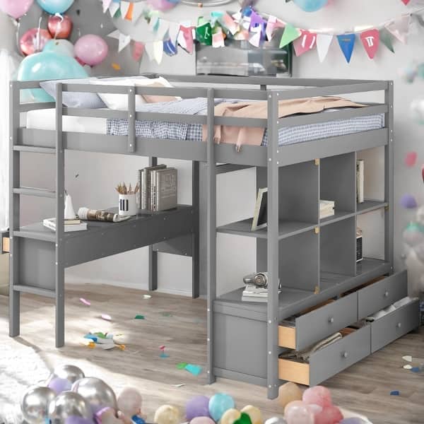 slide 2 of 18, Full Size Multifunctional Loft Bed with Two Drawers, and Storage Shelves and Drawers-Gray Gray