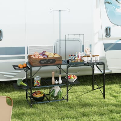 Outsunny Folding Camp Kitchen Table, Portable Camping Cooking Station with Adjustable Lantern Holder, Hanging Hooks