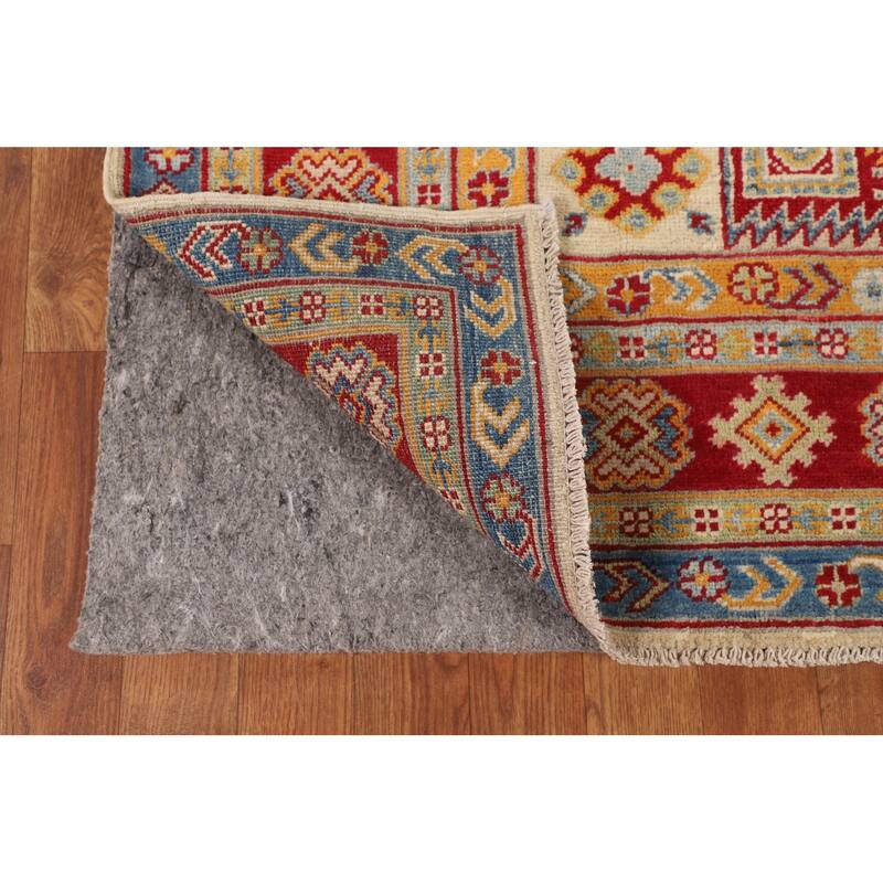 Geometric Kazak Oriental Area Rug Hand-Knotted Grey Wool Carpet - 4'10" x 6'5"
